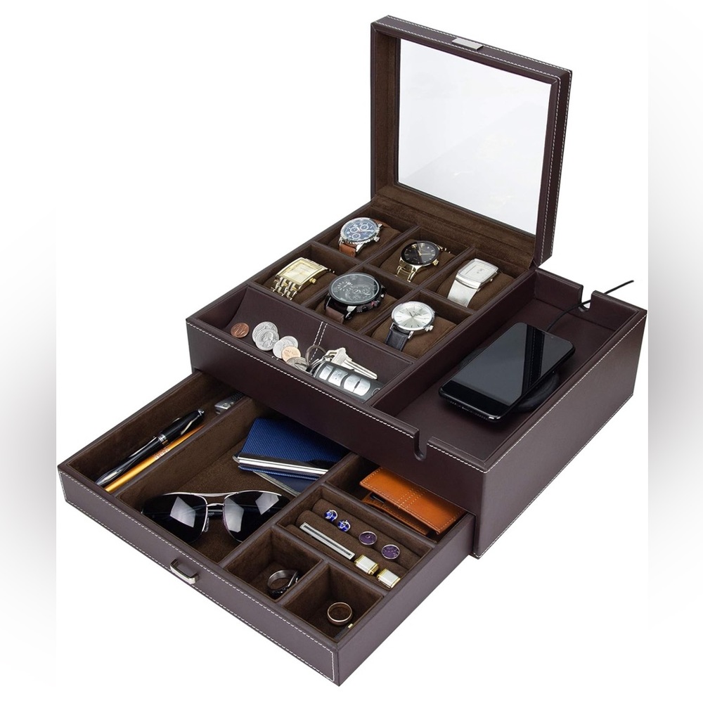 HOUNDSBAY Watch & Jewelry Box with Smartphone Charging Station and Cufflink Box